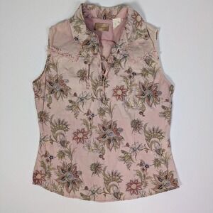 Vintage Wrangler Top Medium Sleeveless Dusty Pink Floral V Neck Western Cowgirl